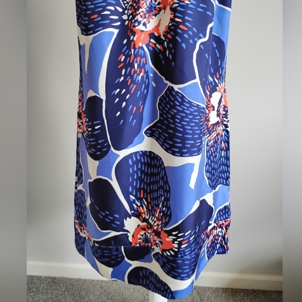 Victor Alfaro 100% Silk Navy Blue Floral Shift Dress Colorful Day Evening Sz 10 - Picture 3 of 16